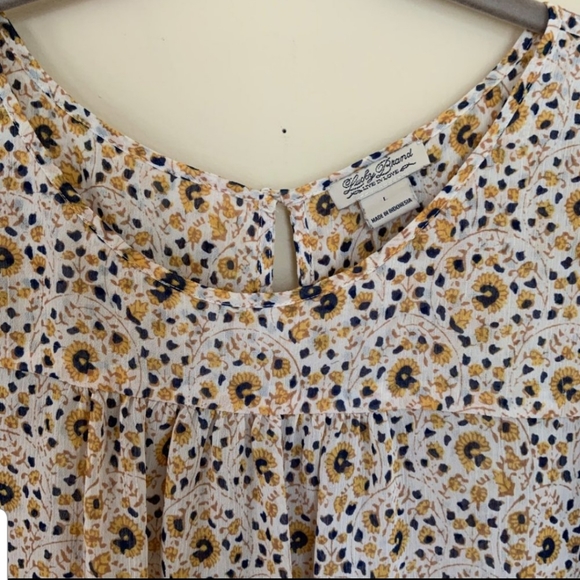Lucky Boho Flowy Cream Blouse Yellow and Navy Blue Floral Print Size L - Picture 2 of 8